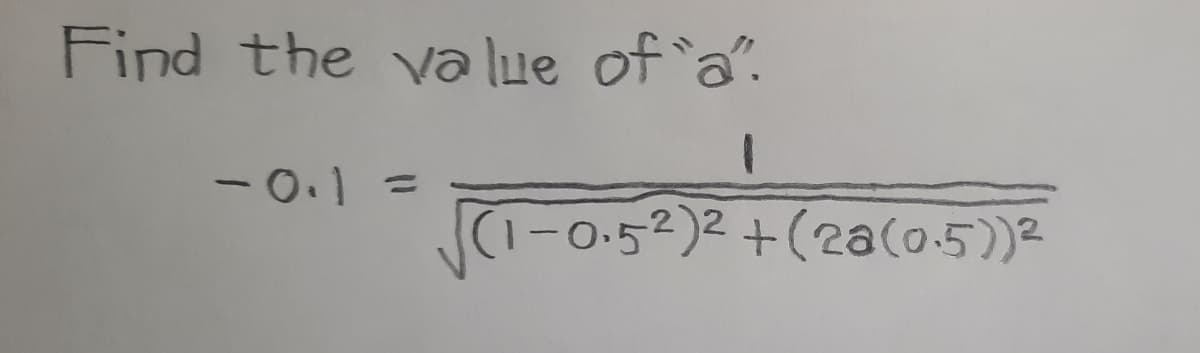 Find the value of "a".
1
-0.1 = √√(1-0.5²)²+(2a(0.5))²