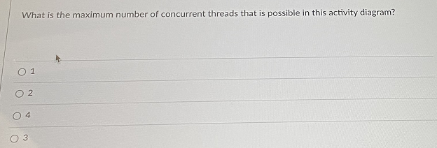 What is the maximum number of concurrent threads that is possible in this activity diagram?
1
O 2
O 4
