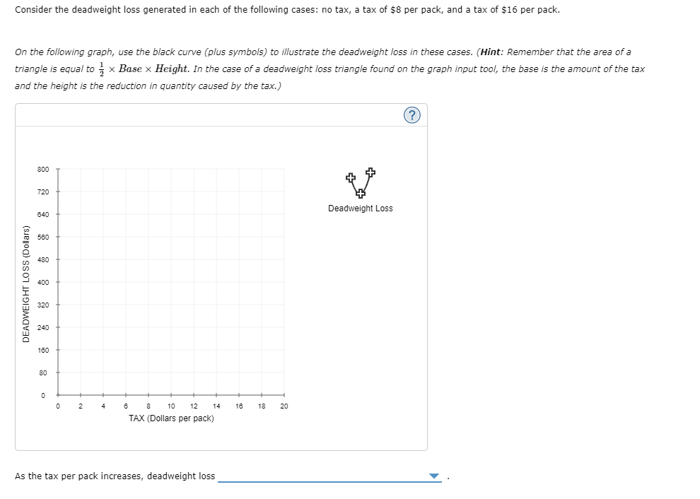 Consider the deadweight loss generated in each of the following cases: no tax, a tax of $8 per pack, and a tax of $16 per pack.
On the following graph, use the black curve (plus symbols) to illustrate the deadweight loss in these cases. (Hint: Remember that the area of a
triangle is equal to × Base × Height. In the case of a deadweight loss triangle found on the graph input tool, the base is the amount of the tax
and the height is the reduction in quantity caused by the tax.)
DEADWEIGHT LOSS (Dollars)
800
720
640
580
480
400
160
80
0
0
2
4
6
8
10
12
TAX (Dollars per pack)
14
As the tax per pack increases, deadweight loss
16
18 20
Deadweight Loss
(?)