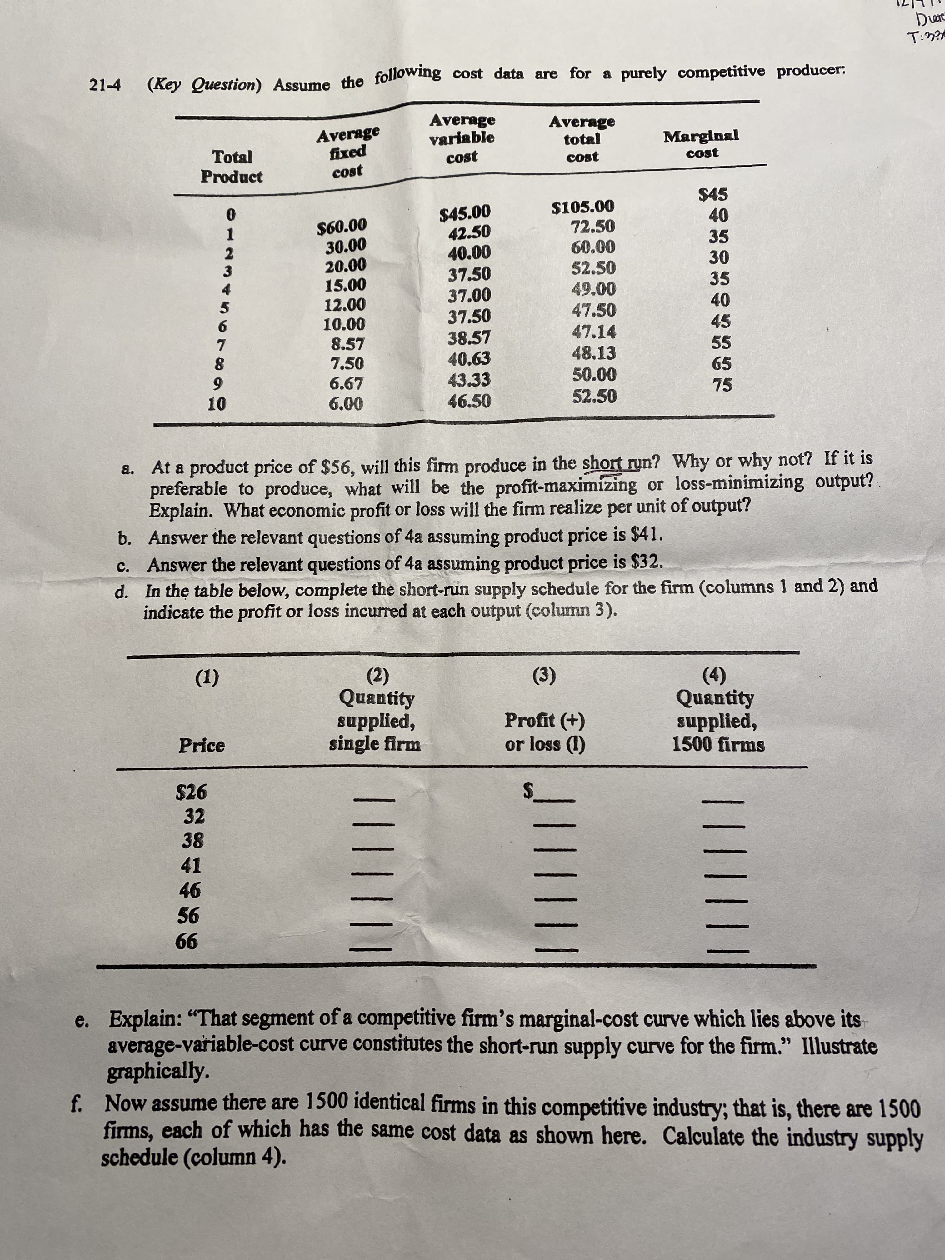 Dere
T:n?
(Key Question) Assume the following cost data are for a purely competitive producer:
21-4
Average
variable
Average
total
Average
fixed
Marginal
cost
Total
Product
cost
cost
cost
$45
40
$105.00
72.50
60.00
52.50
49.00
47.50
$45.00
42.50
40.00
$60.00
30.00
20.00
15.00
12.00
10.00
35
30
37.50
37.00
37.50
38.57
40.63
43.33
46.50
35
40
45
6.
47.14
55
8.57
48.13
50.00
52.50
65
7.50
6.67
75
10
6.00
a. At a product price of $56, will this firm produce in the short run? Why or why not? If it is
preferable to produce, what will be the profit-maximízing or loss-minimizing output?
Explain. What economic profit or loss will the firm realize per unit of output?
b. Answer the relevant questions of 4a assuming product price is $41.
c. Answer the relevant questions of 4a assuming product price is $32.
d. In the table below, complete the short-run supply schedule for the firm (columns 1 and 2) and
indicate the profit or loss incurred at each output (column 3).
(4)
Quantity
supplied,
1500 firms
(3)
(2)
Quantity
supplied,
single firm
(1)
Profit (+)
or loss (1)
Price
$26
32
38
41
46
56
66
e. Explain: "That segment of a competitive firm's marginal-cost curve which lies above its
average-variable-cost curve constitutes the short-run supply curve for the firm." Illustrate
graphically.
f. Now assume there are 1500 identical firms in this competitive industry; that is, there are 1500
firms, each of which has the same cost data as shown here. Calculate the industry supply
schedule (column 4).
99
TI||||
JIII|||
TI||||
