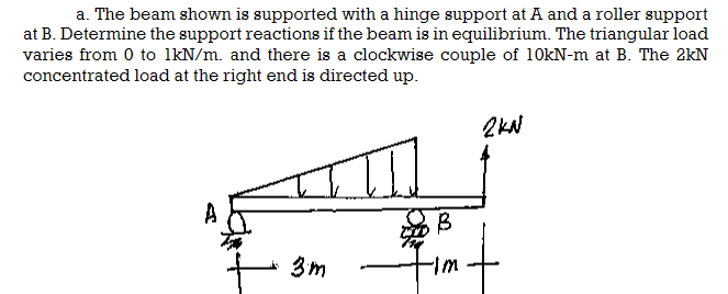 a. The beam shown is supported with a hinge support at A and a roller support
at B. Determine the support reactions if the beam is in equilibrium. The triangular load
varies from 0 to 1kN/m. and there is a clockwise couple of 10kN-m at B. The 2kN
concentrated load at the right end is directed up.
3m
-Im
2KN