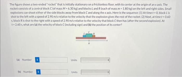 The figure shows a two-ended "rocket" that is initially stationary on a frictionless floor, with its center at the origin of an x axis. The
rocket consists of a central block C (of mass M = 6.30 kg) and blocks L and R (each of mass m = 1.80 kg) on the left and right sides. Small
explosions can shoot either of the side blocks away from block C and along the x axis. Here is the sequence: (1) At time t = 0, block Lis
shot to the left with a speed of 2.90 m/s relative to the velocity that the explosion gives the rest of the rocket. (2) Next, at time t = 0.60
s, block R is shot to the right with a speed of 2.90 m/s relative to the velocity that block C then has (after the second explosion). At
t=2.60 s, what are (a) the velocity of block C (including sign) and (b) the position of its center?
(a) Number
(b) Number
Units
Units
R