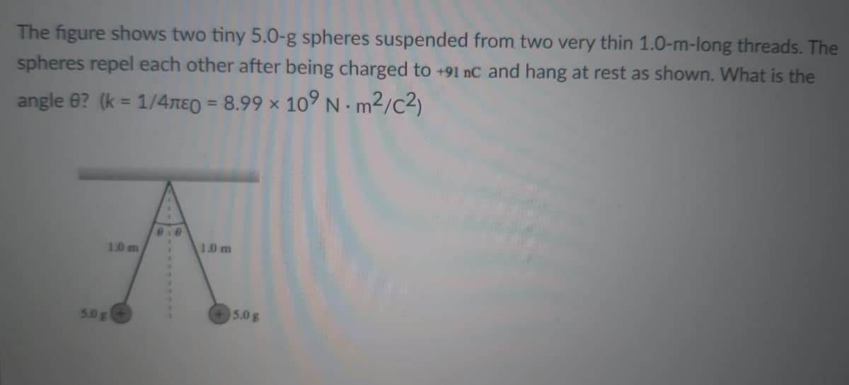 The figure shows two tiny 5.0-g spheres suspended from two very thin 1.0-m-long threads. The
spheres repel each other after being charged to +91 nC and hang at rest as shown. What is the
angle 8? (k = 1/4TEO = 8.99 × 10° N•m²/c²)
%3D
%3D
10m
1.0 m
5.0g
+5.0 g
