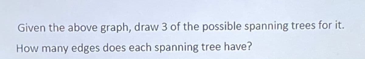 Given the above graph, draw 3 of the possible spanning trees for it.
How many edges does each spanning tree have?
