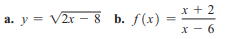 a. y = V2r – 8 b. f(x)
х+2
х — 6
