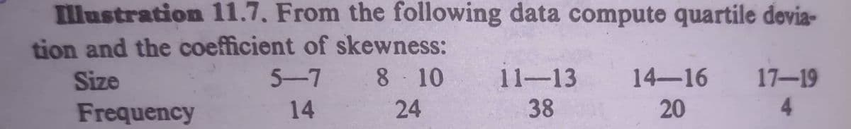 Illustration 11.7. From the following data compute quartile dovia-
tion and the coefficient of skewness:
Size
5-7
8 10
11-13
14-16
17-19
Frequency
14
24
38
20
4.
