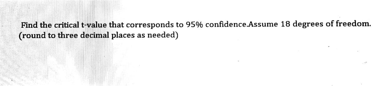 Find the critical t-value that corresponds to 95% confidence.Assume 18 degrees of freedom.
(round to three decimal places as needed)