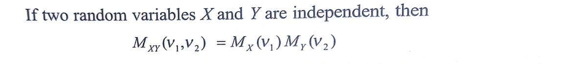 If two random variables X and Y are independent, then
Mxy (V1,V2) = Mx (V, ) M, (V2)
(V)My (V2
XY
