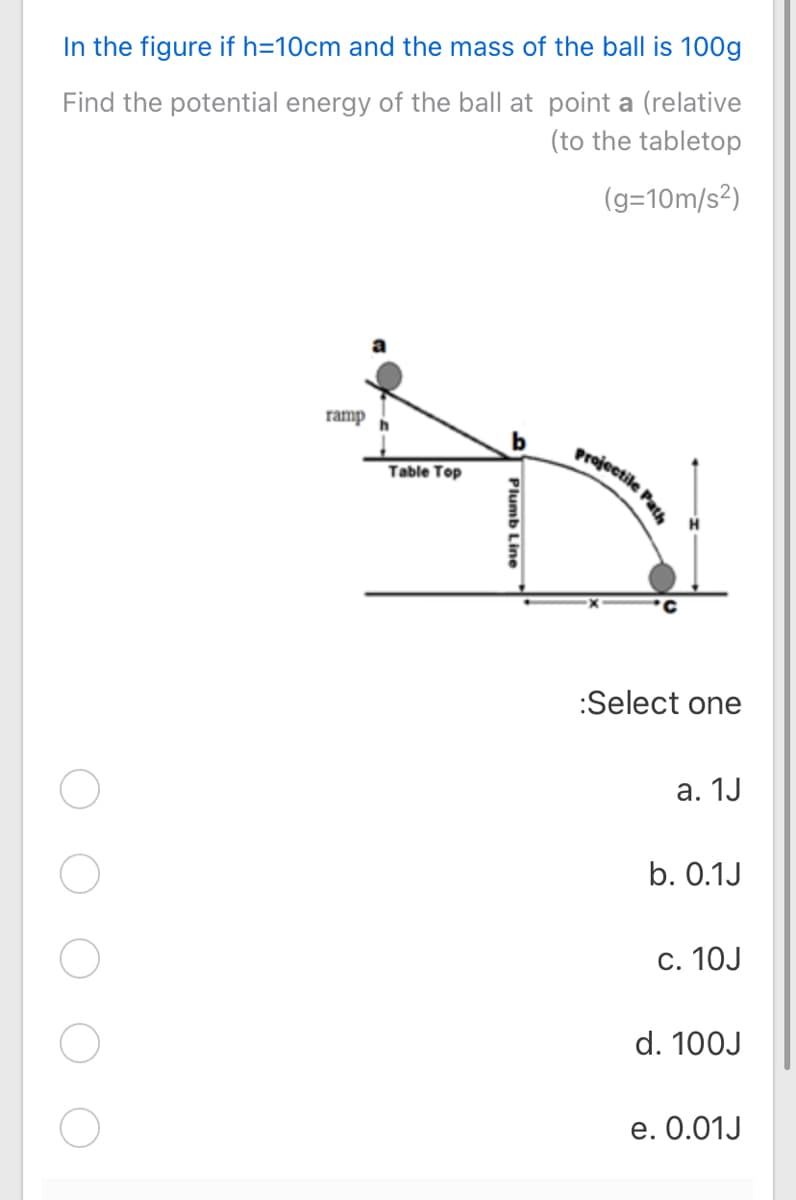 In the figure if h=10cm and the mass of the ball is 100g
Find the potential energy of the ball at point a (relative
(to the tabletop
(g=10m/s²)
ramp
projectile
Table Top
:Select one
а. 1J
b. 0.1J
c. 10J
d. 100J
e. 0.01J
Path
Plumb Line
