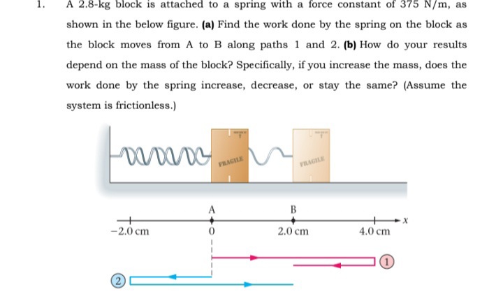 A 2.8-kg block is attached to a spring with a force constant of 375 N/m, as
shown in the below figure. (a) Find the work done by the spring on the block as
the block moves from A to B along paths 1 and 2. (b) How do your results
depend on the mass of the block? Specifically, if you increase the mass, does the
work done by the spring increase, decrease, or stay the same? (Assume the
system is frictionless.)
PRAGILE
FRAGILE
A
B
-2.0 cm
2.0 cm
4.0 cm
