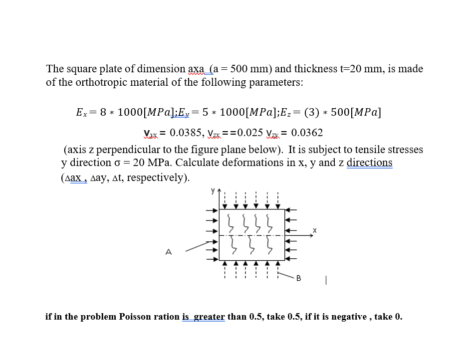 The square plate of dimension axa (a= 500 mm) and thickness t=20 mm, is made
of the orthotropic material of the following parameters:
Ex= 8 * 1000[MPa];Ey= 5 * 1000[MPa];Ez= (3) * 500[MPa]
Vx= 0.0385, Vzx ==0.025 va = 0.0362
(axis z perpendicular to the figure plane below). It is subject to tensile stresses
y direction o = 20 MPa. Calculate deformations in x, y and z directions
(aax , aay, at, respectively).
A
B
|
if in the problem Poisson ration is greater than 0.5, take 0.5, if it is negative , take 0.
