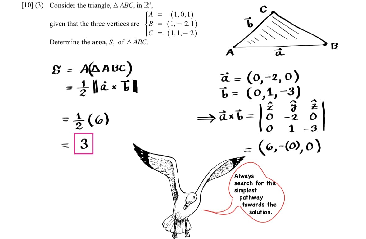 [10] (3) Consider the triangle, A ABC, in R³
A = (1,0,1)
given that the three vertices are B (1, -2,1)
с
(1,1,-2)
Determine the area, S, of A ABC.
S = A(DABC)
= 1/2/2/² || ² × 51
= 1/1/12 (6)
= 3
=
6₂
à = (0,-2, 0)
b= (0,1,-3)
⇒→â× b = |
î
13
%
1
(6,-(0), 0)
Always
search for the
simplest
pathway
towards the
solution.
B