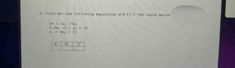 3. Consider the following equations and fill the table below.
2- 1.5x +7x₂
3,5x +2.5 x - 35
X: + 4x₂ = 33
X₁₂ X₂
2