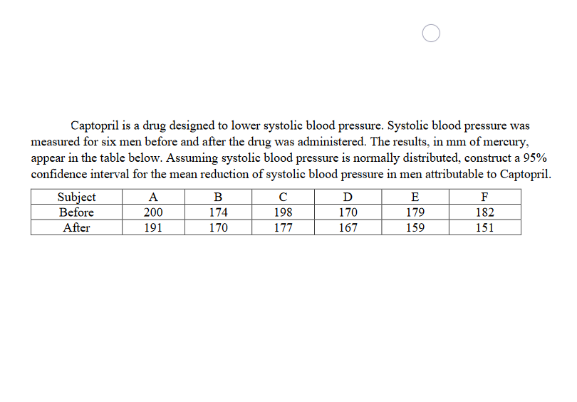 Captopril is a drug designed to lower systolic blood pressure. Systolie blood pressure was
measured for six men before and after the drug was administered. The results, in mm of mercury,
appear in the table below. Assuming systolic blood pressure is normally distributed, construct a 95%
confidence interval for the mean reduction of systolic blood pressure in men attributable to Captopril.
Subject
A
B
C
D
E
F
Before
200
174
198
170
179
182
After
191
170
177
167
159
151
