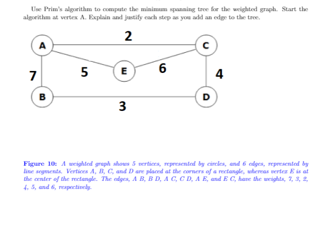 Use Prim's algorithm to compute the minimum spanning tree for the weighted graph. Start the
algorithm at vertex A. Explain and justify cach step as you add an edge to the tree.
A
E
6
7
4
в
D
3
Figure 10: A weighted graph shous 5 vertices, represented by circles, and 6 edges, represented by
line segments. Vertices A, B, C, and D are placed at the corners of a rectangle, whereas verter E is at
the center of the rectangle. The edges, A B, B D, A C, C D, A E, and E C, have the weights, 7, 3, 2,
4, 5, and 6, respectively.
