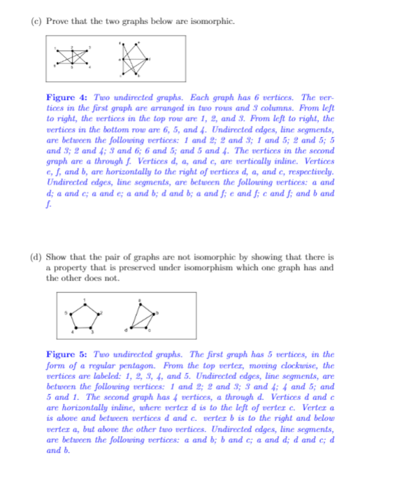 (c) Prove that the two graphs below are isomorphic.
Figure 4: Two undirected graphs. Each graph has 6 vertices. The ver-
tices in the first graph are arranged in two rous and 3 columns. From left
to right, the vertices in the top row are 1, 2, and 3. From left to right, the
vertices in the bottom row are 6, 5, and 4. Undirected edges, line segments,
are between the following vertices: 1 and 2; 2 and 3; 1 and 5; 2 and 5; 5
and 3; 2 and 4; 3 and 6; 6 and 5; and 5 and 4. The vertices in the second
graph are a through f. Vertices d, a, and c, are vertically inline. Vertices
e, f, and b, are horizontally to the right of vertices d, a, and c, respectively.
Undirected edges, line segments, are between the following vertices: a and
d; a and e; a and e; a and b; d and b; a and f; e and f; c and f; and b and
J.
(d) Show that the pair of graphs are not isomorphic by showing that there is
a property that is preserved under isomorphism which one graph has and
the other does not.
Figure 5: Two undirected graphs. The first graph has 5 vertices, in the
form of a regular pentagon. From the top vertez, moving clockwise, the
vertices are labeled: 1, 2, 3, 4, and 5. Undirected edges, line segments, are
between the following vertices: 1 and 2; 2 and 3; 3 and 4; 4 and 5; and
5 and 1. The second graph has 4 vertices, a through d. Vertices d and c
are horizontally inline, where vertez d is to the left of vertez c. Verter a
vertez a, but above the other two vertices. Undirected edges, line segments,
are between the following vertices: a and b; b and c; a and d; d and c; d
and b.
