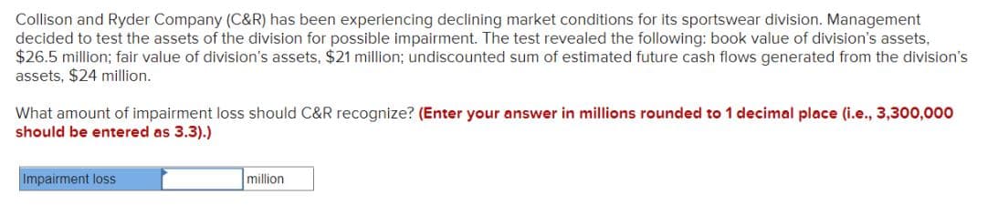 Collison and Ryder Company (C&R) has been experiencing declining market conditions for its sportswear division. Management
decided to test the assets of the division for possible impairment. The test revealed the following: book value of division's assets,
$26.5 million; fair value of division's assets, $21 million; undiscounted sum of estimated future cash flows generated from the division's
assets, $24 million.
What amount of impairment loss should C&R recognize? (Enter your answer in millions rounded to 1 decimal place (i.e., 3,300,000
should be entered as 3.3).)
Impairment loss
million