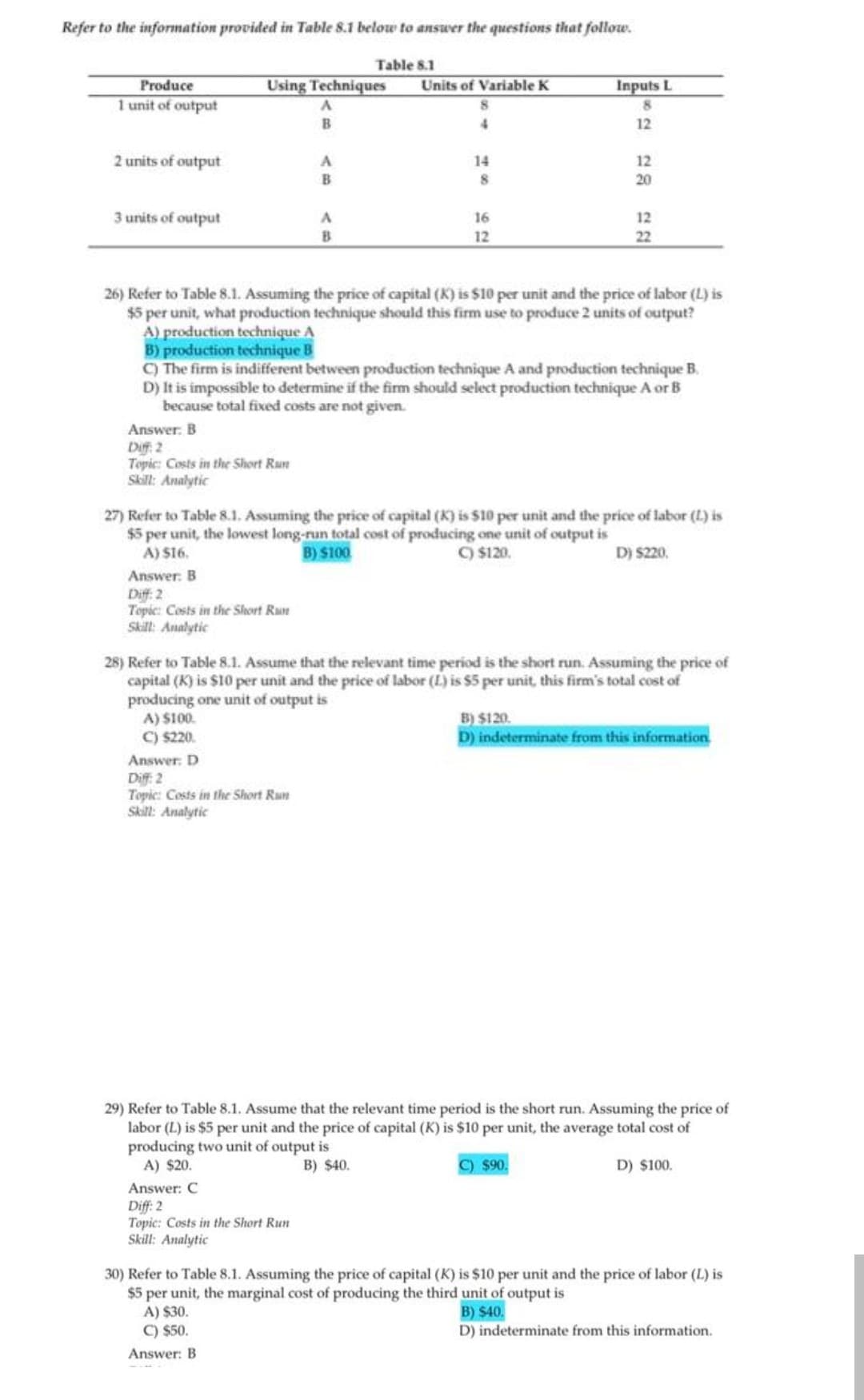 Refer to the information provided in Table 8.1 below to answer the questions that follow.
Table 8.1
Produce
Using Techniques
Units of Variable K
Inputs L
1 unit of output
B
12
2 units of output
A
14
12
20
3 units of output
16
12
B
12
22
26) Refer to Table 8.1. Assuming the price of capital (K) is $10 per unit and the price of labor (L) is
$5 per unit, what production technique should this firm use to produce 2 units of output?
A) production technique A
B) production technique B
C) The firm is indifferent between production technique A and production technique B.
D) It is impossible to determine if the firm should select production technique A or B
because total fixed costs are not given.
Answer. B
Diff: 2
Topic: Costs in the Short Run
Skill: Analytic
27) Refer to Table 8.1. Assuming the price of capital (K) is $10 per unit and the price of labor (L) is
$5 per unit, the lowest long-run total cost of producing one unit of output is
A) $16.
B) $100
O $120.
D) $220.
Answer: B
Diff: 2
Topic: Costs in the Short Run
Skill: Analytic
28) Refer to Table 8.1. Assume that the relevant time period is the short run. Assuming the price of
capital (K) is $10 per unit and the price of labor (L) is $5 per unit, this firm's total cost of
producing one unit of output is
A) $100.
C) $220.
B) $120.
D) indeterminate from this information
Answer: D
Diff: 2
Topic: Costs in the Short Run
Skill: Analytic
29) Refer to Table 8.1. Assume that the relevant time period is the short run. Assuming the price of
labor (L) is $5 per unit and the price of capital (K) is $10 per unit, the average total cost of
producing two unit of output is
A) $20.
B) $40.
C) $90.
D) $100.
Answer: C
Diff: 2
Topic: Costs in the Short Run
Skill: Analytic
30) Refer to Table 8.1. Assuming the price of capital (K) is $10 per unit and the price of labor (L) is
$5 per unit, the marginal cost of producing the third unit of output is
A) $30.
C) $50.
B) $40.
D) indeterminate from this information.
Answer: B
