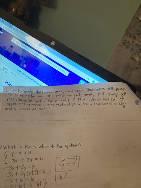 **Problem Statement:**

A sixth-grade class sells candy and soda. They earn $5 profit for each soda and $3 profit for each candy sold. They sell 100 items in total for a profit of $385. What system of equations represents these relationships, where \( c \) represents candy and \( s \) represents soda?

**Solution Steps:**

1. **Identify the Variables:**
   - Let \( c \) represent the number of candies sold.
   - Let \( s \) represent the number of sodas sold.

2. **Equations:**
   - Total items sold equation: \( c + s = 100 \)
   - Total profit equation: \( 3c + 5s = 385 \)

3. **Solve the System of Equations:**
   - **Equation 1:** \( c + s = 100 \)
   - **Equation 2:** \( 3c + 5s = 385 \)

4. Use substitution or elimination to solve these equations (not detailed here).

**Additional Problem:**

- **What is the solution to the system?**
  - \( y = x + 3 \)
  - \( -3x + 2y = 6 \)

- **Solution Steps for the Additional Problem:**
  - Substitute \( y = x + 3 \) into the second equation.
  - Solve for \( x \) and \( y \) using appropriate algebraic methods.

**Solution Box:**

- The solution is provided as \((13)\).

(Note: The boxed solution in the image seems to be a shorthand, likely referring to a set of values for \( x \) and \( y \), such as \( (1, 3) \) although the full context or clarity may vary.)

The image does not contain graphs or diagrams, so no visual descriptions are necessary.