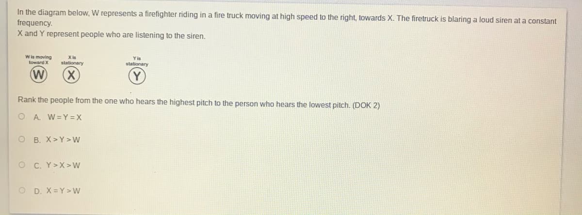 In the diagram below, W represents a firefighter riding in a fire truck moving at high speed to the right, towards X. The firetruck is blaring a loud siren at a constant
frequency.
X and Y represent people who are listening to the siren.
W is moving
X is
stationary
Y is
stationary
toward X
Rank the people from the one who hears the highest pitch to the person who hears the lowest pitch. (DOK 2)
O A. W=Y = X
O B. X>Y>W
O C. Y>X> W
O D. X=Y> W
