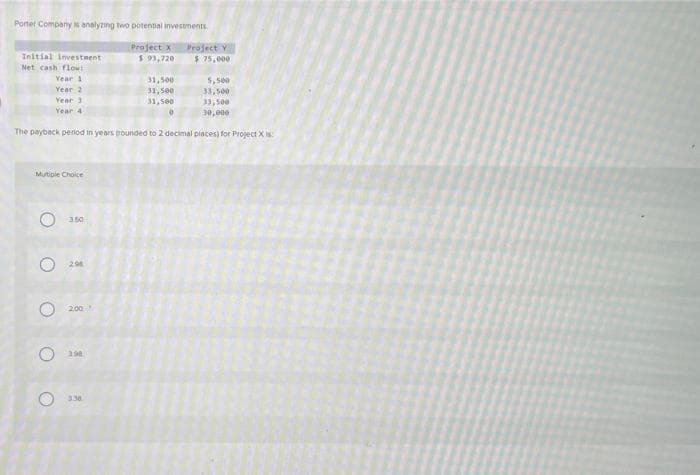 Porter Company is analyzing two potential investments
Project X
$ 93,720
Initial investment
Net cash flow
Year 1
Year 2
Year 3
Year 4
Multiple Choice
O
O
The payback period in years frounded to 2 decimal places) for Project X is
O
3.50
2.98
2.00
3.98
31,500
31,500
31,500
0
3.30
Project Y
$75,000
5,500
33,500
33,500
30,000