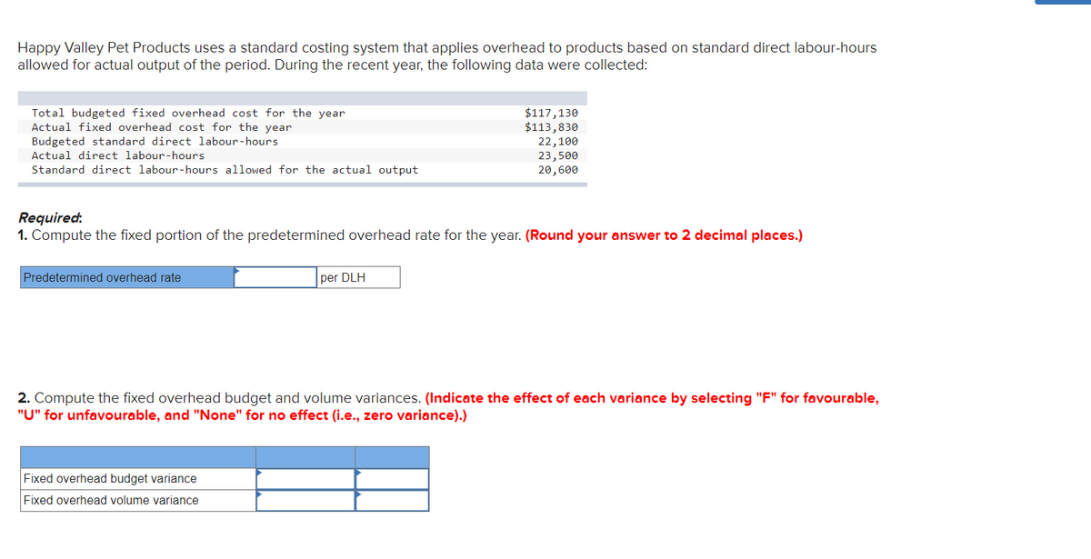 Happy Valley Pet Products uses a standard costing system that applies overhead to products based on standard direct labour-hours
allowed for actual output of the period. During the recent year, the following data were collected:
Total budgeted fixed overhead cost for the year
Actual fixed overhead cost for the year
Budgeted standard direct labour-hours
Actual direct labour-hours
Standard direct labour-hours allowed for the actual output
Predetermined overhead rate
Required:
1. Compute the fixed portion of the predetermined overhead rate for the year. (Round your answer to 2 decimal places.)
$117,130
$113,830
per DLH
Fixed overhead budget variance
Fixed overhead volume variance
22,100
23,500
20,600
2. Compute the fixed overhead budget and volume variances. (Indicate the effect of each variance by selecting "F" for favourable,
"U" for unfavourable, and "None" for no effect (i.e., zero variance).)