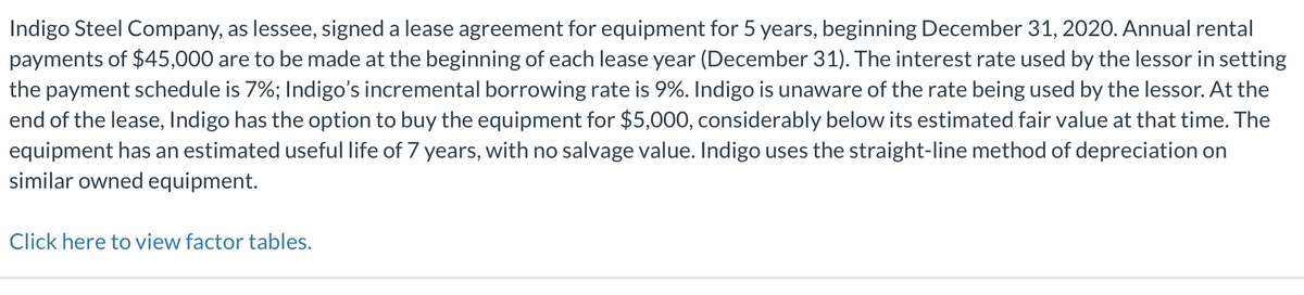 Indigo Steel Company, as lessee, signed a lease agreement for equipment for 5 years, beginning December 31, 2020. Annual rental
payments of $45,000 are to be made at the beginning of each lease year (December 31). The interest rate used by the lessor in setting
the payment schedule is 7%; Indigo's incremental borrowing rate is 9%. Indigo is unaware of the rate being used by the lessor. At the
end of the lease, Indigo has the option to buy the equipment for $5,000, considerably below its estimated fair value at that time. The
equipment has an estimated useful life of 7 years, with no salvage value. Indigo uses the straight-line method of depreciation on
similar owned equipment.
Click here to view factor tables.