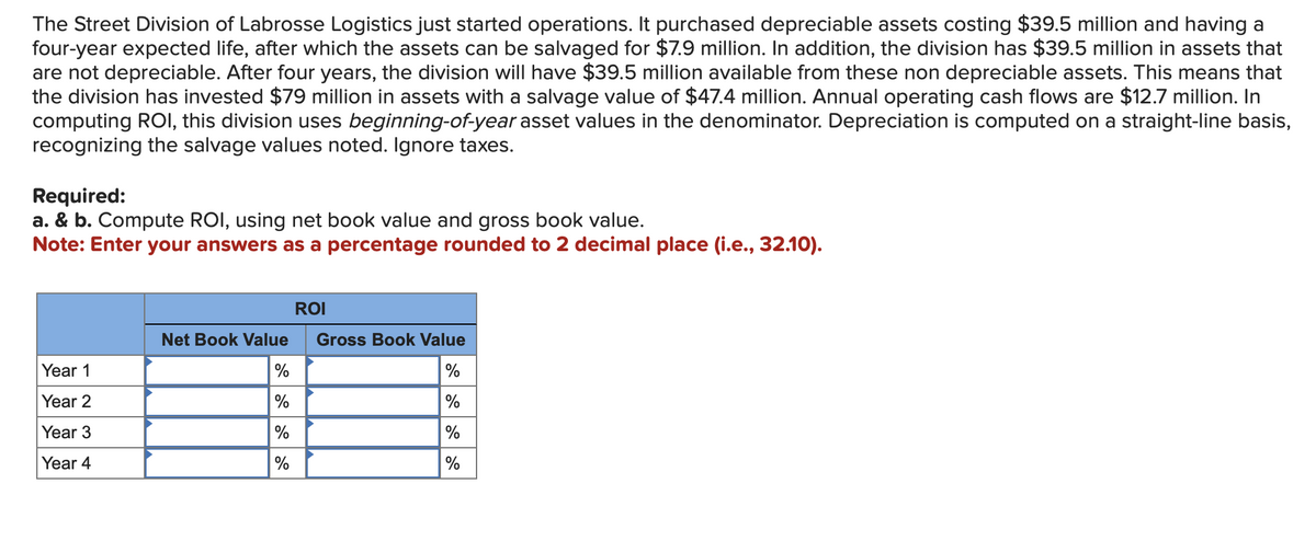 The Street Division of Labrosse Logistics just started operations. It purchased depreciable assets costing $39.5 million and having a
four-year expected life, after which the assets can be salvaged for $7.9 million. In addition, the division has $39.5 million in assets that
are not depreciable. After four years, the division will have $39.5 million available from these non depreciable assets. This means that
the division has invested $79 million in assets with a salvage value of $47.4 million. Annual operating cash flows are $12.7 million. In
computing ROI, this division uses beginning-of-year asset values in the denominator. Depreciation is computed on a straight-line basis,
recognizing the salvage values noted. Ignore taxes.
Required:
a. & b. Compute ROI, using net book value and gross book value.
Note: Enter your answers as a percentage rounded to 2 decimal place (i.e., 32.10).
Year 1
Year 2
Year 3
Year 4
Net Book Value
%
%
%
%
ROI
Gross Book Value
%
%
%
%