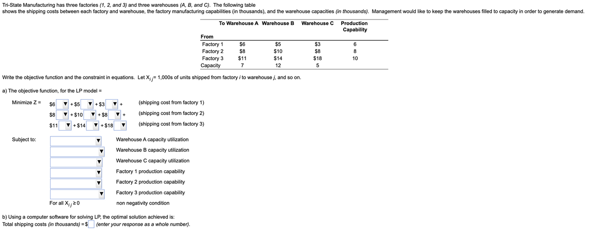 Tri-State Manufacturing has three factories (1, 2, and 3) and three warehouses (A, B, and C). The following table
shows the shipping costs between each factory and warehouse, the factory manufacturing capabilities (in thousands), and the warehouse capacities (in thousands). Management would like to keep the warehouses filled to capacity in order to generate demand.
Minimize Z =
Subject to:
$6
$8
$11
Write the objective function and the constraint in equations. Let X;;= 1,000s of units shipped from factory i to warehouse j, and so on.
.=
a) The objective function, for the LP model =
▼ + $5
+ $10
+ $14
For all X;; 20
b) Using a computer software for solving
Total shipping costs (in thousands) = $
+ $3
+ $8
▼ +
+ $18
(shipping cost from factory 1)
(shipping cost from factory 2)
(shipping cost from factory 3)
Warehouse A capacity utilization
Warehouse B capacity utilization
Warehouse C capacity utilization
Factory 1 production capability
Factory 2 production capability
Factory 3 production capability
non negativity condition
To Warehouse A Warehouse B Warehouse C
From
Factory 1
Factory 2
Factory 3
Capacity
LP, the optimal solution achieved is:
(enter your response as a whole number).
$6
$8
$11
7
$5
$10
$14
12
$3
$8
$18
5
Production
Capability
6
8
10