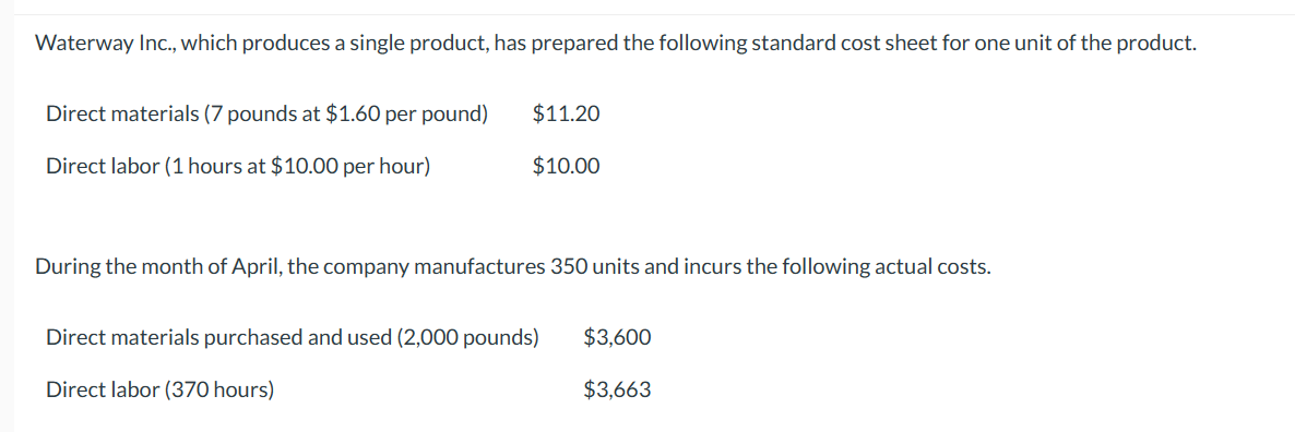 Waterway Inc., which produces a single product, has prepared the following standard cost sheet for one unit of the product.
Direct materials (7 pounds at $1.60 per pound)
Direct labor (1 hours at $10.00 per hour)
$11.20
$10.00
During the month of April, the company manufactures 350 units and incurs the following actual costs.
Direct materials purchased and used (2,000 pounds)
Direct labor (370 hours)
$3,600
$3,663