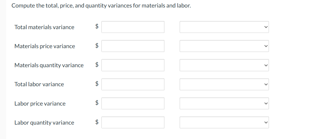 Compute the total, price, and quantity variances for materials and labor.
Total materials variance
Materials price variance
Materials quantity variance
Total labor variance
Labor price variance
Labor quantity variance
$
$
$
$
$
$