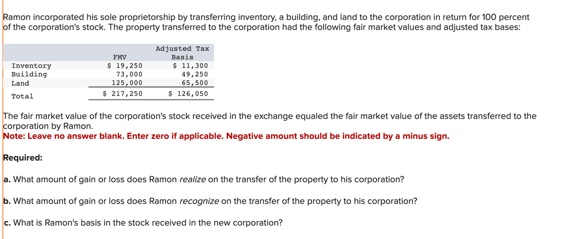 Ramon incorporated his sole proprietorship by transferring inventory, a building, and land to the corporation in return for 100 percent
of the corporation's stock. The property transferred to the corporation had the following fair market values and adjusted tax bases:
Inventory
Building
Land
Total
FMV
$ 19,250
73,000
125,000
$ 217,250
Adjusted Tax
Basis
$ 11,300
49,250
65,500
$ 126,050
The fair market value of the corporation's stock received in the exchange equaled the fair market value of the assets transferred to the
corporation by Ramon.
Note: Leave no answer blank. Enter zero if applicable. Negative amount should be indicated by a minus sign.
Required:
a. What amount of gain or loss does Ramon realize on the transfer of the property to his corporation?
b. What amount of gain or loss does Ramon recognize on the transfer of the property to his corporation?
c. What is Ramon's basis in the stock received in the new corporation?