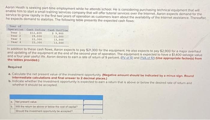 Aaron Heath is seeking part-time employment while he attends school. He is considering purchasing technical equipment that will
enable him to start a small training services company that will offer tutorial services over the Internet. Aaron expects demand for the
service to grow rapidly in the first two years of operation as customers learn about the availability of the Internet assistance. Thereafter,
he expects demand to stabilize. The following table presents the expected cash flows:
Year of
Operation
Year 1
Year 2
Year 3
Year 4
Cash Inflow Cash Outflow
$ 9,900
11,000
$12,600
19,000
22,300
22,300
13,500
13,500
In addition to these cash flows, Aaron expects to pay $21,300 for the equipment. He also expects to pay $2,900 for a major overhaul
and updating of the equipment at the end of the second year of operation. The equipment is expected to have a $1,400 salvage value
and a four year useful life. Aaron desires to earn a rate of return of 9 percent. (PV of $1 and PVA of $1) (Use appropriate factor(s) from
the tables provided.)
Required
a. Calculate the net present value of the investment opportunity. (Negative amount should be indicated by a minus sign. Round
intermediate calculations and final answer to 2 decimal places.)
b. Indicate whether the investment opportunity is expected to earn a return that is above or below the desired rate of return and
whether it should be accepted.
a. Net prosent value
b. Will the retum be above or below the cost of capital?
Should the investment opportunity be accepted?