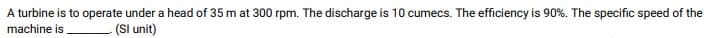 A turbine is to operate under a head of 35 m at 300 rpm. The discharge is 10 cumecs. The efficiency is 90%. The specific speed of the
machine is.
(Sl unit)