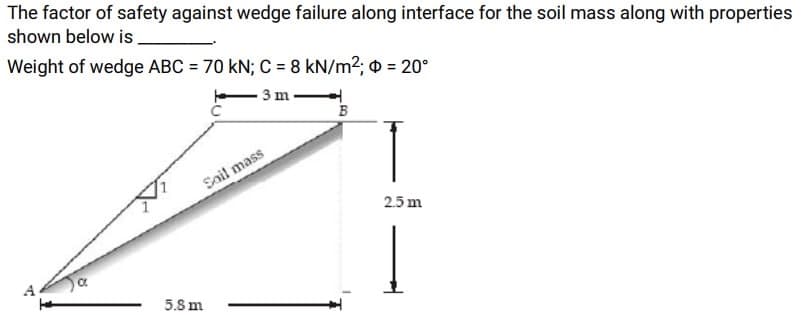 The factor of safety against wedge failure along interface for the soil mass along with properties
shown below is
Weight of wedge ABC = 70 kN; C = 8 kN/m²; + = 20°
3 m
T
H
Sail mass
5.8 m
B
2.5 m