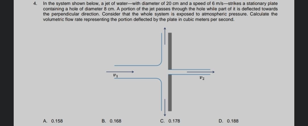 In the system shown below, a jet of water-with diameter of 20 cm and a speed of 6 m/s-strikes a stationary plate
containing a hole of diameter 8 cm. A portion of the jet passes through the hole while part of it is deflected towards
the perpendicular direction. Consider that the whole system is exposed to atmospheric pressure. Calculate the
volumetric flow rate representing the portion deflected by the plate in cubic meters per second.
4.
v1
v2
A. 0.158
B. 0.168
C. 0.178
D. 0.188
