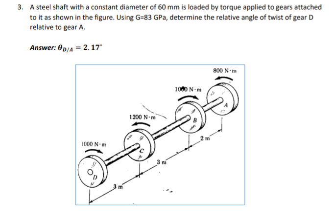 3. A steel shaft with a constant diameter of 60 mm is loaded by torque applied to gears attached
to it as shown in the figure. Using G=83 GPa, determine the relative angle of twist of gear D
relative to gear A.
Answer: 0D/A = 2. 17*
800 N-m
1060 N-m
1200 N-m
1000 N m
