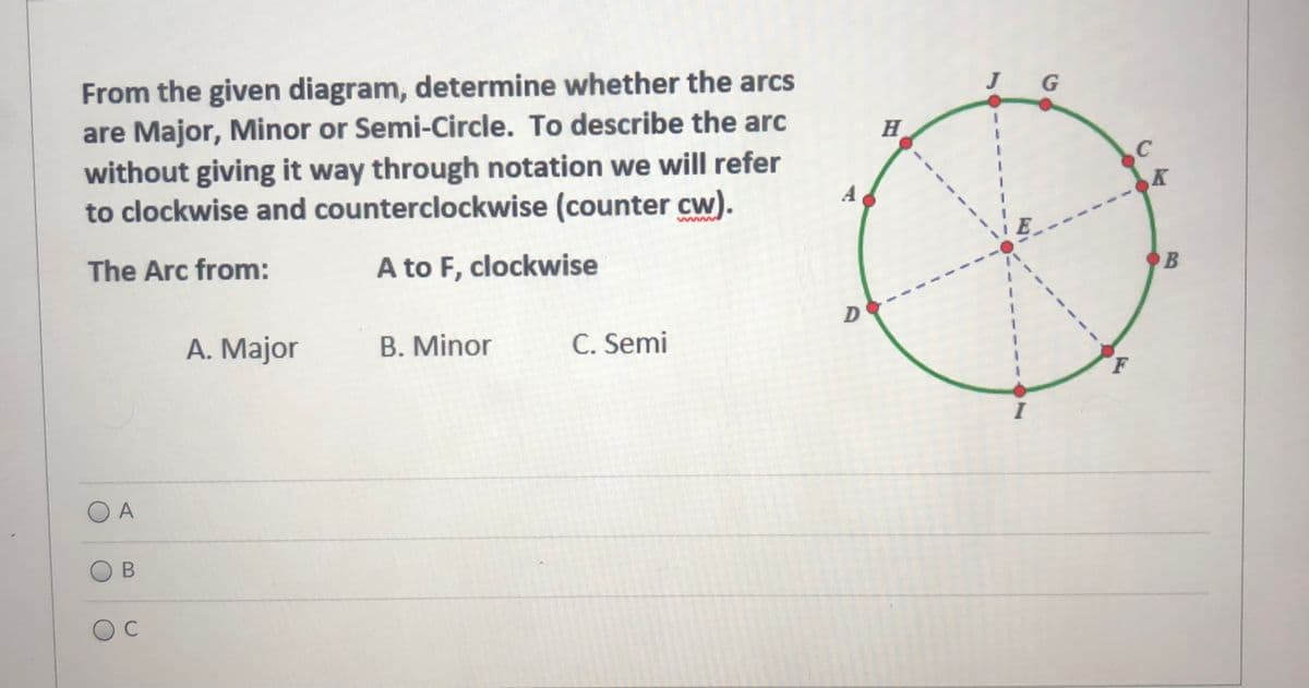 From the given diagram, determine whether the arcs
are Major, Minor or Semi-Circle. To describe the arc
without giving it way through notation we will refer
to clockwise and counterclockwise (counter cw).
G
H
A
The Arc from:
A to F, clockwise
D
А. Mаjor
B. Minor
C. Semi
I
A
В
C
