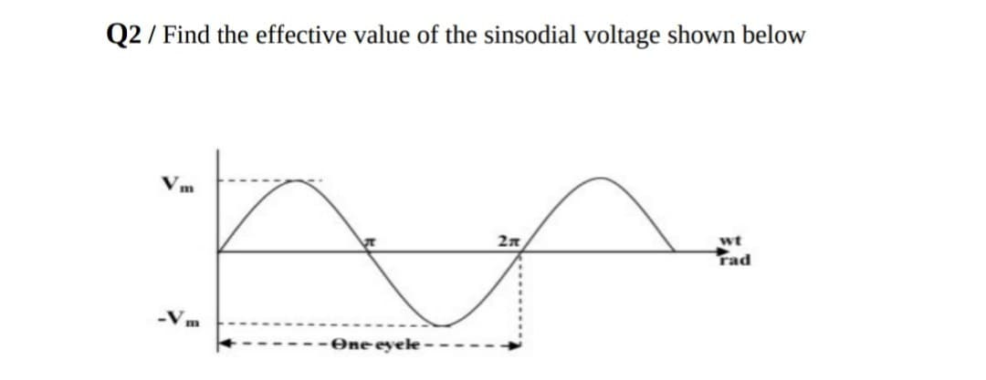 Q2 Find the effective value of the sinsodial voltage shown below
Vm
Vm
-One eyele-
2π
wt
rad