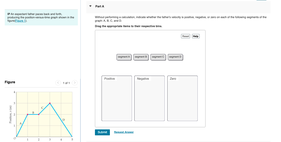 Part A
IP An expectant father paces back and forth,
producing the position-versus-time graph shown in the
figure(Figure 1).
Without performing a calculation, indicate whether the father's velocity is positive, negative, or zero on each of the following segments of the
graph: A, B, C, and D
Drag the appropriate items to their respective bins.
Reset Help
segment A
segment B
segment C
segment D
Positive
Negative
Zero
Figure
< 1 of 1
B
A
Submit
Request Answer
2
3
4
5
Position, x (m)
