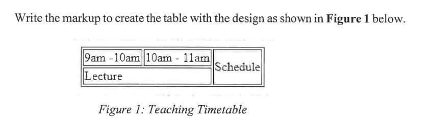 Write the markup to create the table with the design as shown in Figure 1 below.
9am -10am 10am - 11am
Lecture
Schedule
Figure 1: Teaching Timetable