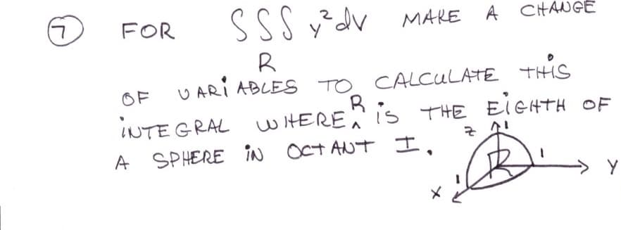 SSS v²dv MAKE A CHANGE
FOR
R
OF
U ARI ABLES TO CALCULATE THS
INTEGRAL
WHERE Is THE EIGHTH OF
A SPHERE îN OCT ANT I,
