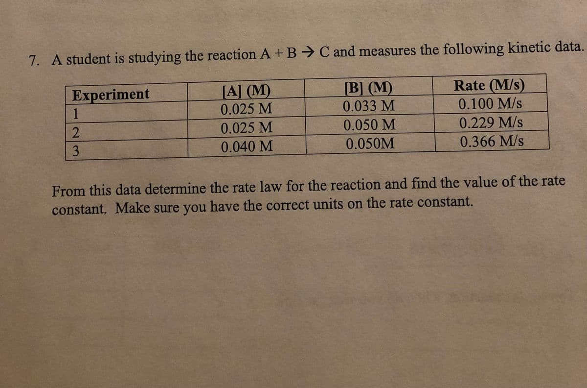 7. A student is studying the reaction A + B→ C and measures the following kinetic data.
[A] (M)
[B] (M)
Rate (M/s)
Experiment
1
0.025 M
0.033 M
0.100 M/s
0.025 M
0.050 M
0.229 M/s
3
0.040 M
0.050M
0.366 M/s
From this data determine the rate law for the reaction and find the value of the rate
constant. Make sure you have the correct units on the rate constant.
