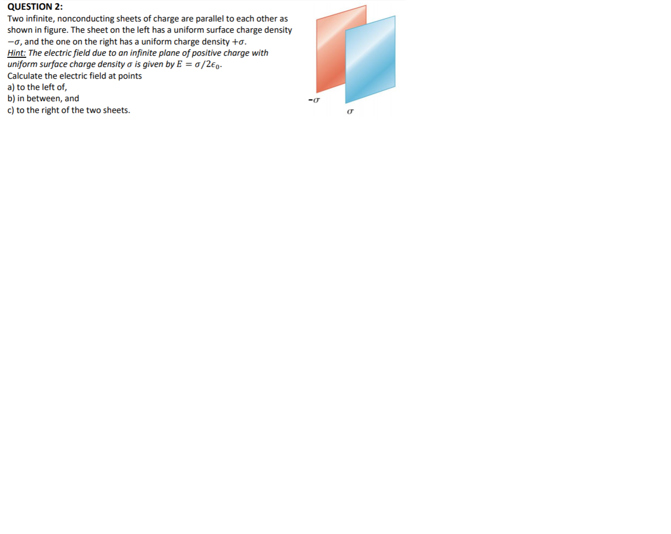 The electric field due to on infrite plane of posithve charge with
