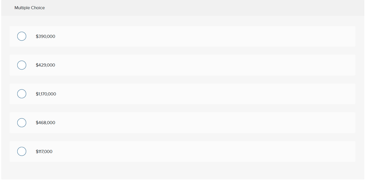 Multiple Choice
$390,000
$429,000
$1,170,000
$468,000
$117,000
