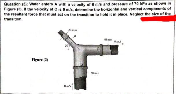 Question (5); Water enters A with a velocity of 8 m/s and pressure of 70 kPa as shown in
Figure (3). If the velocity at C is 9 mis, determine the horizontal and vertical components of
the resultant force that must act on the transition to hold it in place. Neglect the size of the
transition.
20 an
40 mm
9m
30
Figure (3)
50 mn
S m/s
