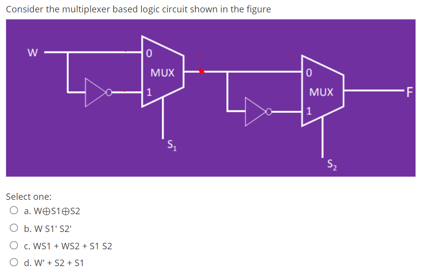 Consider the multiplexer based logic circuit shown in the figure
W
MUX
1
MUX
-F
S2
Select one:
O a. WOS10S2
O b. W S1' S2'
O c. WS1 + WS2 + S1 S2
O d. W' + S2 + S1
1,
