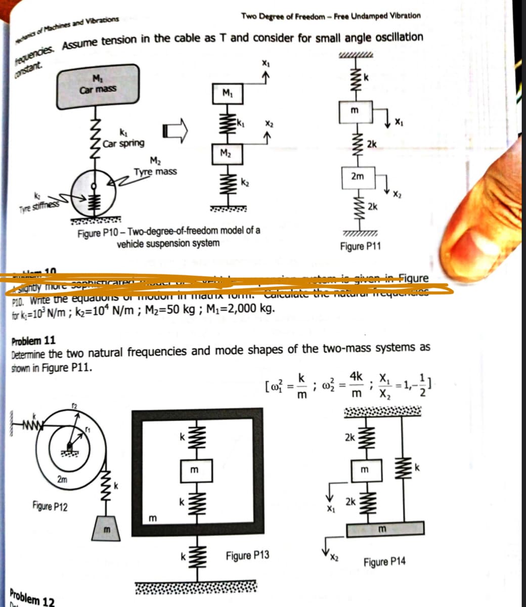 Two Degree of Freedom-Free Undamped Vibration
constant
Car mass
X2
k
Car spring
2k
M2
M2
Tyre mass
2m
k2
X2
Tyre stiffnes
2k
Figure P10 - Two-degree-of-freedom model of a
vehicle suspension system
Figure P11
Ham 10
tom-is given in Figure
P10. Write tne equauoiIIS Or mouon ImaUIX TOm.
Calculate the nat
tr k=10° N/m ; k2=10* N/m ; M2=50 kg ; M1=2,000 kg.
Problem 11
Determine the two natural frequencies and mode shapes of the two-mass systems as
STown in Figure P11.
k
4k
X,
= 1,-
m
m
X2
2k
m
2m
Figure P12
k
2k
m
m.
m
Figure P13
Figure P14
Problem 12
W
