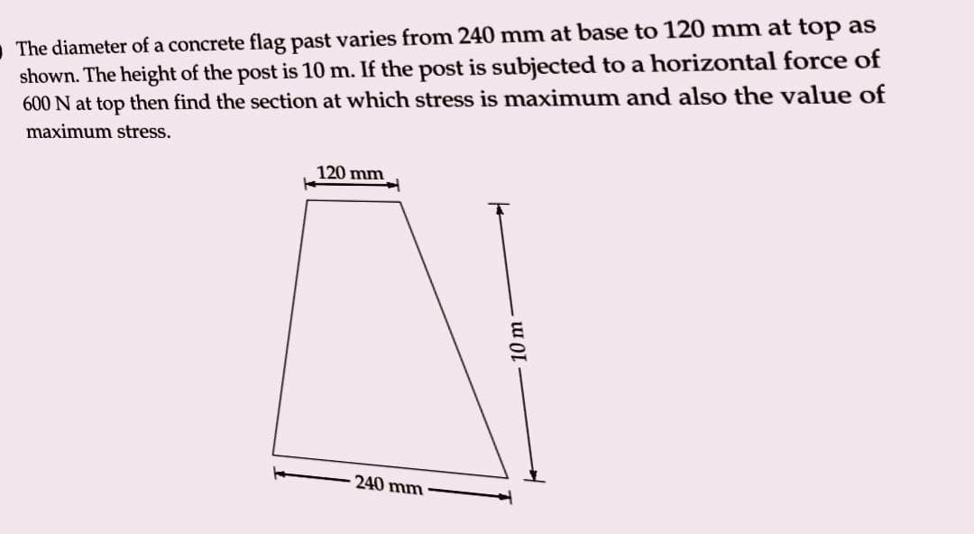 The diameter of a concrete flag past varies from 240 mm at base to 120 mm at top as
shown. The height of the post is 10 m. If the post is subjected to a horizontal force of
600 N at top then find the section at which stress is maximum and also the value of
maximum stress.
120 mm
240 mm
10 m-