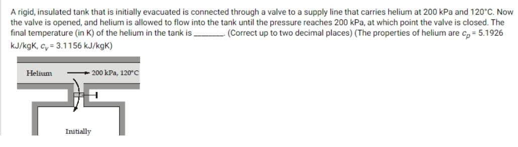 A rigid, insulated tank that is initially evacuated is connected through a valve to a supply line that carries helium at 200 kPa and 120°C. Now
the valve is opened, and helium is allowed to flow into the tank until the pressure reaches 200 kPa, at which point the valve is closed. The
(Correct up to two decimal places) (The properties of helium are cp = 5.1926
final temperature (in K) of the helium in the tank is.
kJ/kgk, cv=3.1156 kJ/kgK)
Helium
-200 kPa, 120°C
Initially